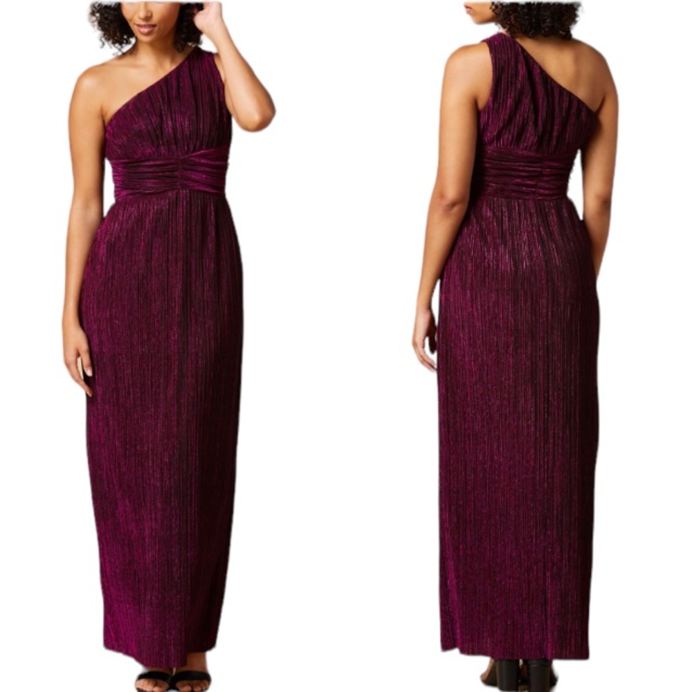 Taylor metallic pink one shoulder greek goddess full length gown size 2